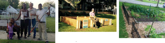 Project Grants (left to right): Eastside Fourth Street garden, Kutzky Park raised garden bed, and Historic Homestead Addition bench.